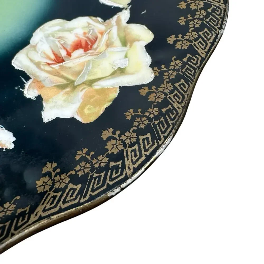 Vintage Mignon Z.S. Bavaria Plate Floral Roses Green Black‎ Gold Handled Serving